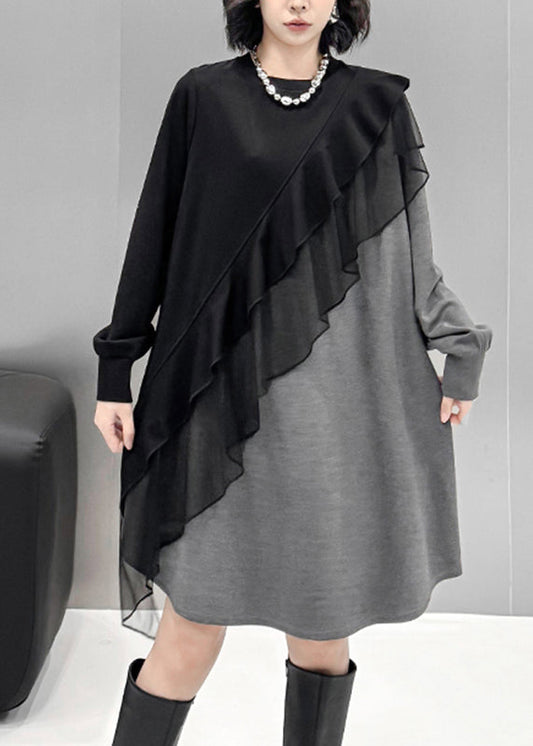 Grey O-neck Tulle Patchwork Cotton Knit Long Sweater Dress Lantern Sleeve