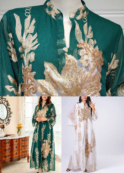 Green Embroideried Sequins Tulle Long Dress Fall