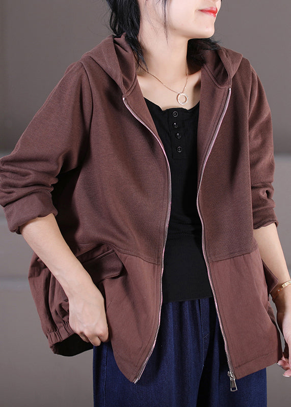 Chocolate Zippered Patchwork Low High Design Hooded Coats Long Sleeve