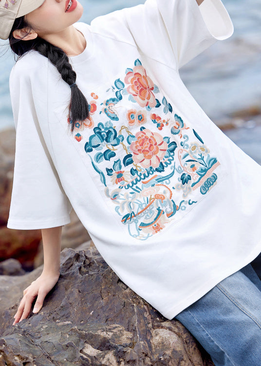 White O-neck Embroidered Cotton T Shirt Summer