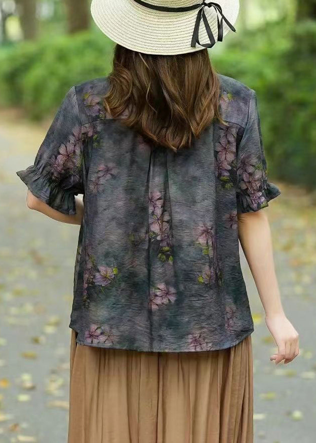 Loose Light Green Print Button Patchwork Linen Shirts Summer