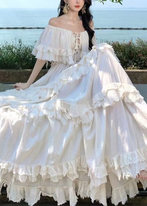 Apricot Slash Neck Ruffled Cotton Exra Large Hem Dress Summer