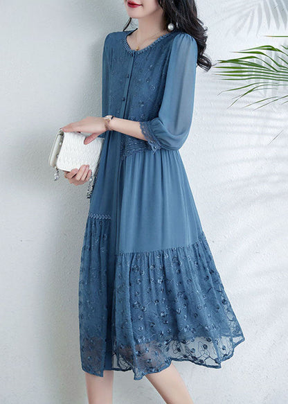 French Light Blue O-neck Asymmetrical Tulle Patchwork Chiffon Vacation Dresses Three Quarter Sleeve