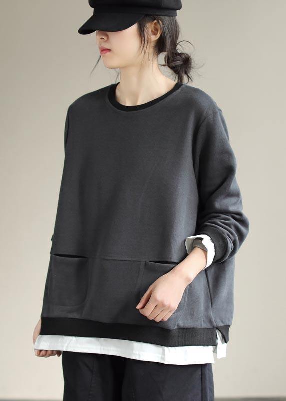 Loose O Neck False Two Pieces Spring Shirts Christmas Gifts Gray Blouses
