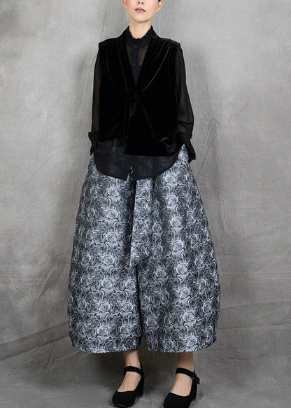New Black Velvet Vest and Cotton Wide Leg Pants Jacquard Two-piece Set Autumn