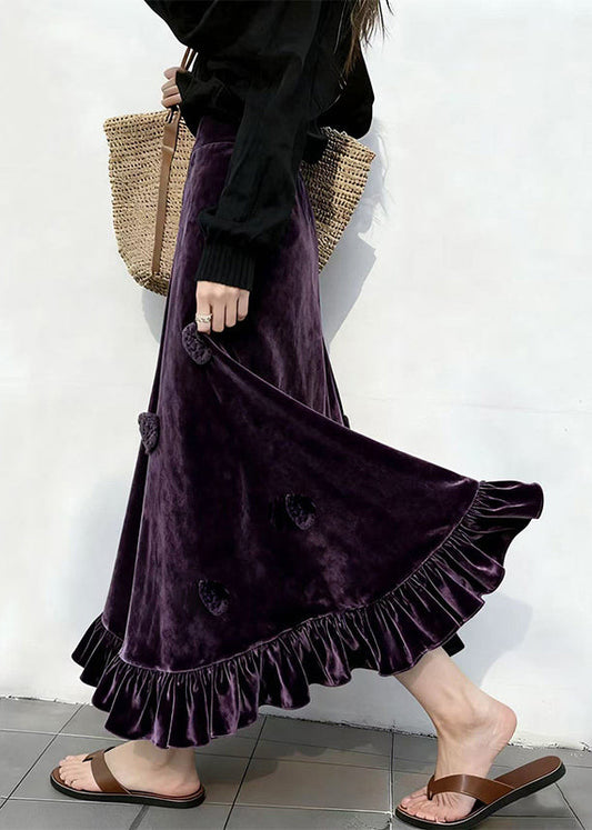 Slim Fit Purple Ruffled High Waist Silk Velvet Skirt Winter
