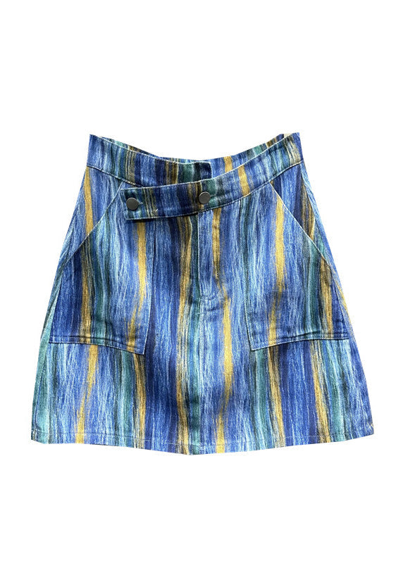Blue Striped Asymmetrical Pockets Patchwork Denim Skirts Summer