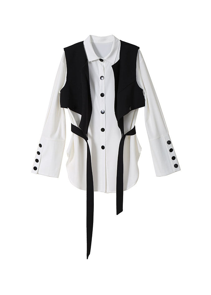 Loose Black Peter Pan Collar Button Shirt Vest Two Piece Suit Set Spring