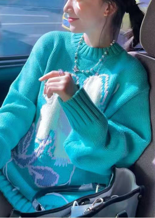 Art Blue O Neck Cozy Knit Sweater Spring