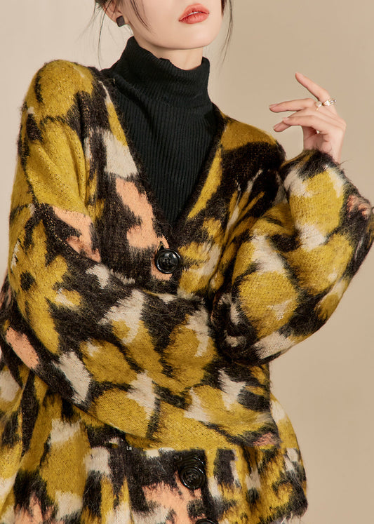 Colorblock V Neck Print Button Cotton Knit Cardigans Winter