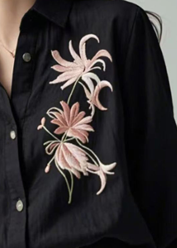 Boutique Black Embroidered Button Shirts Spring