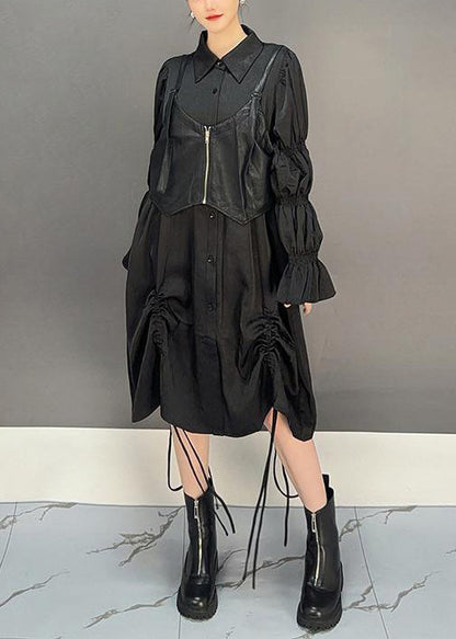 Loose Black Lace Up Waistcoat and Shirts Dresses Cotton Two Pieces Set Butterfly Sleeve