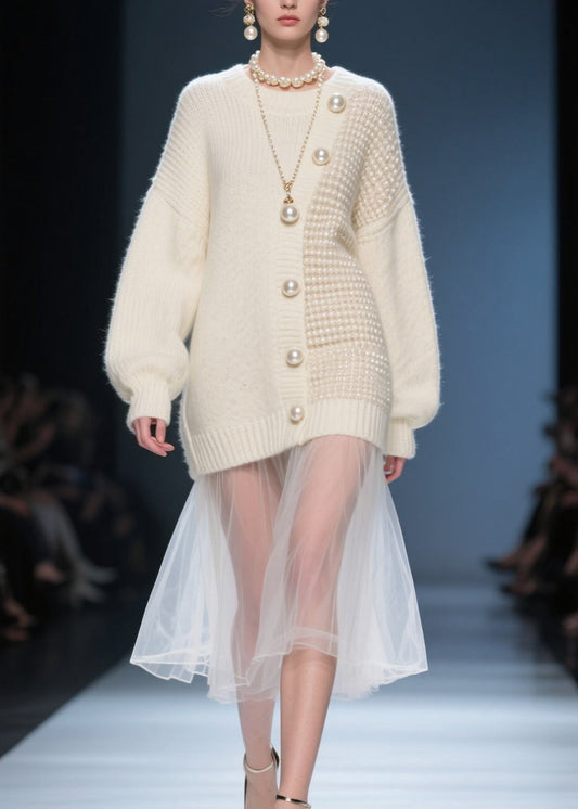 Beige O Neck Tulle Patchwork Knit Sweater Dress Fall
