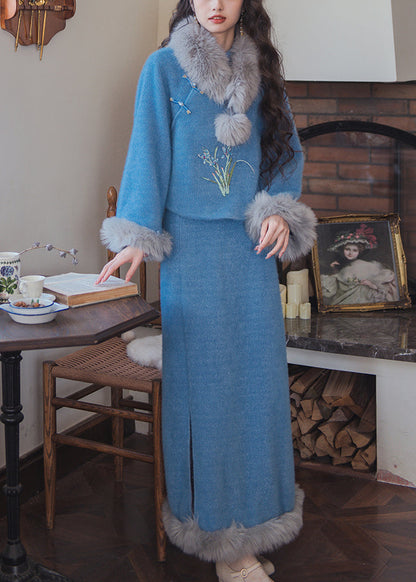 Blue Fur Collar Tops and Skirts Cotton Filled Two Pieces Set Winter
