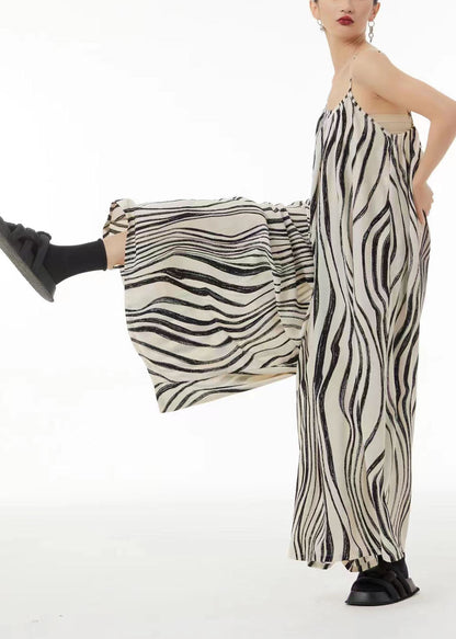 White Zebra Pattern Wide Leg Chiffon Spaghetti Strap Jumpsuit Summer