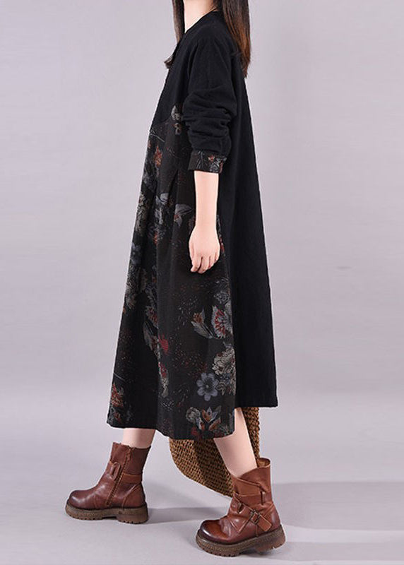 Handmade Black O-neck Print Patchwork Maxi Dress Long Sleeve