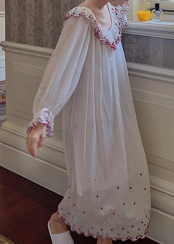 French White V Neck Embroidered Maxi Dresses Long Sleeve