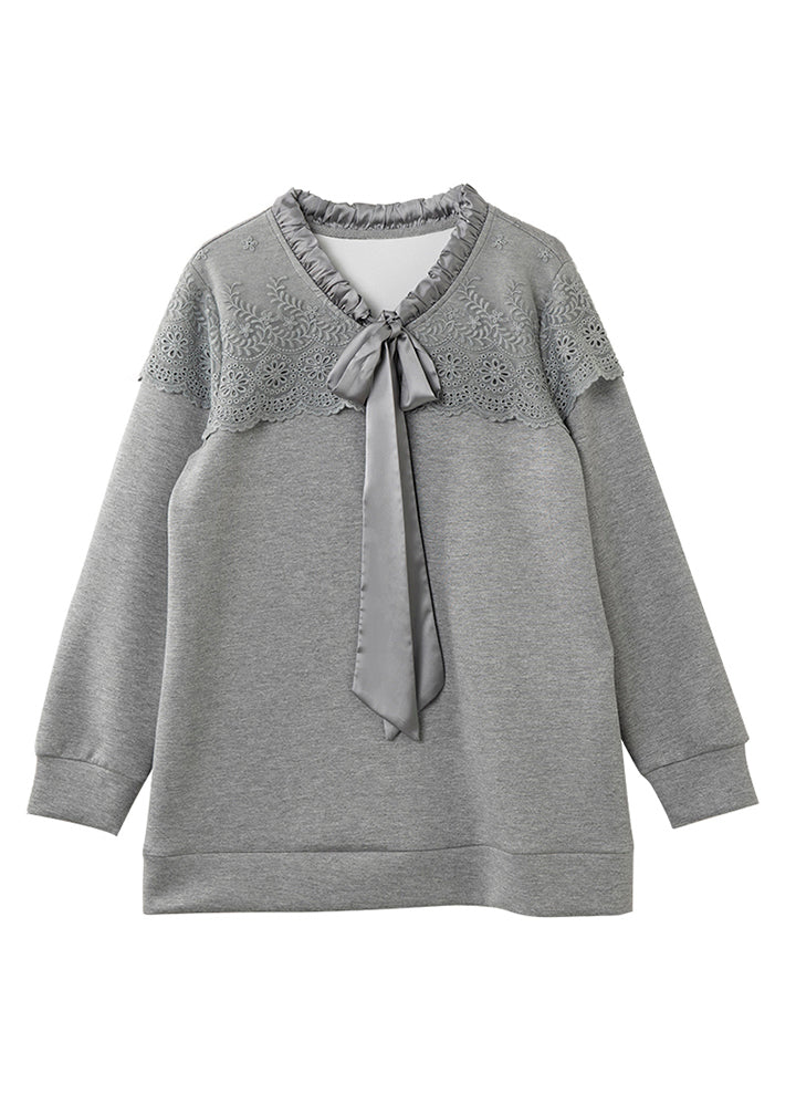 Grey Lace Up Embroidered Patchwork Cotton Tops Spring