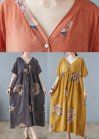 Grey Print Long Beach Dresses Short Sleeve
