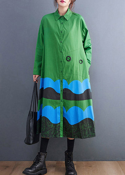 Green Peter Pan Collar Button Print Shirt Dress Spring