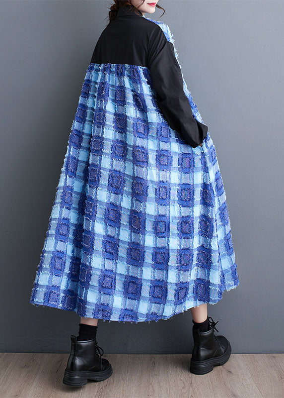Blue Asymmetrical Tulle Patchwork Button Maxi Shirts Dress Fall
