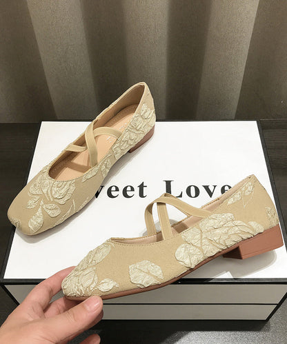 Apricot Embroidered Cross Strap Splicing Flat Shoes for