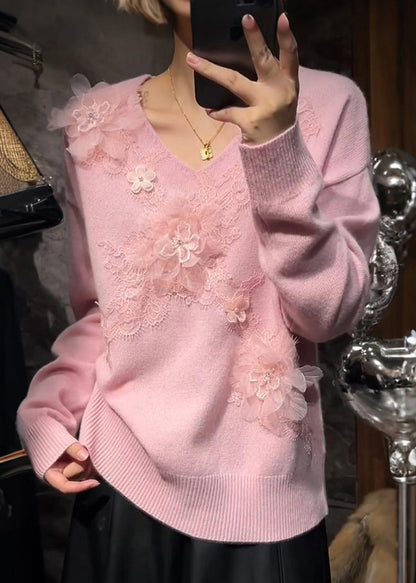 Pink V Neck Nail Bead Cotton Knit Sweaters Fall