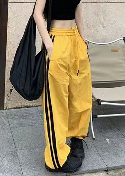 Yellow Striped Elastic Waist Cotton Pants Spring