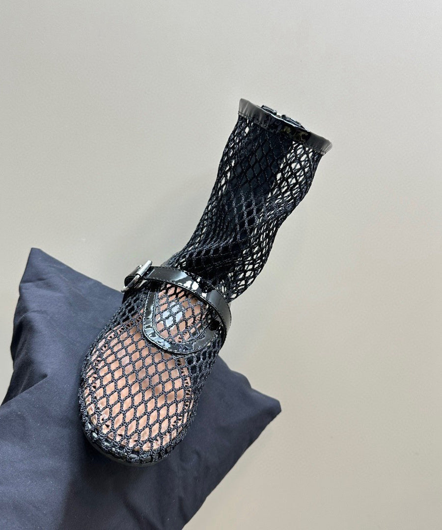 Black Hollow Out Breathable Mesh Splicing Buckle Strap Flat Boots