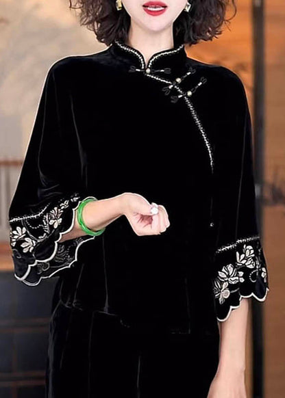 Chinese Style Black Stand Collar Print Silk Velour Shirts Flare Sleeve