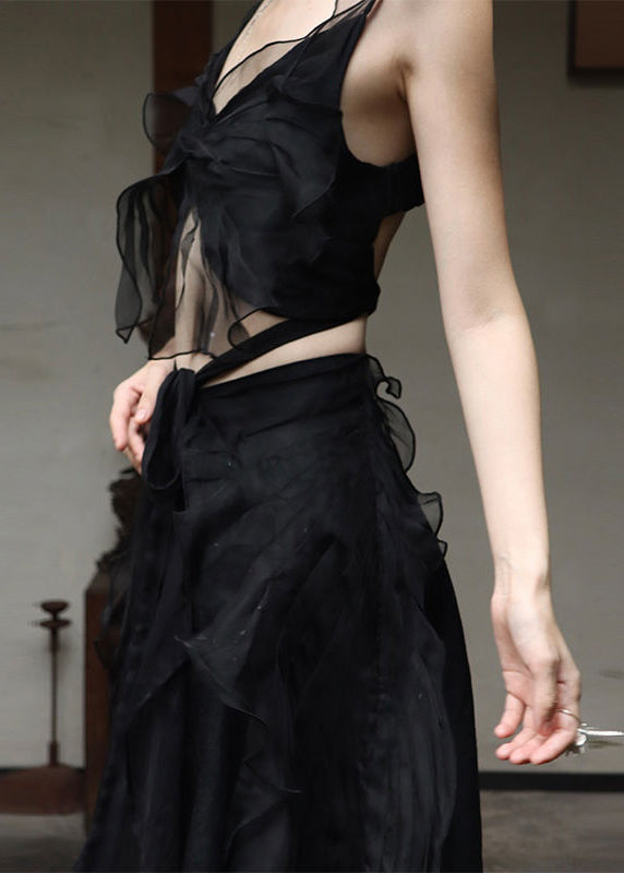 Diy Black V Neck Butterfly Tulle Vest and Maxi Skirts Two Pieces Set Summer