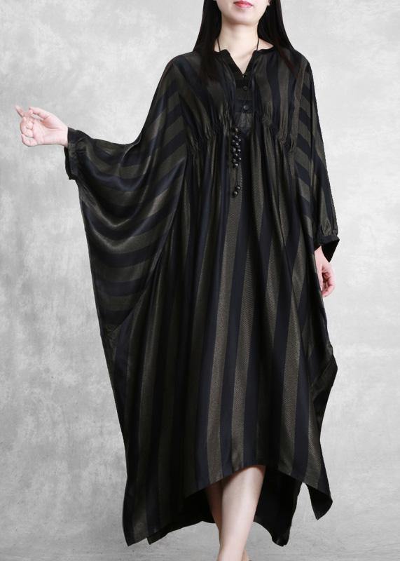 Style Black Striped Silk Maxi Dress Batwing Sleeve a Line Dresses