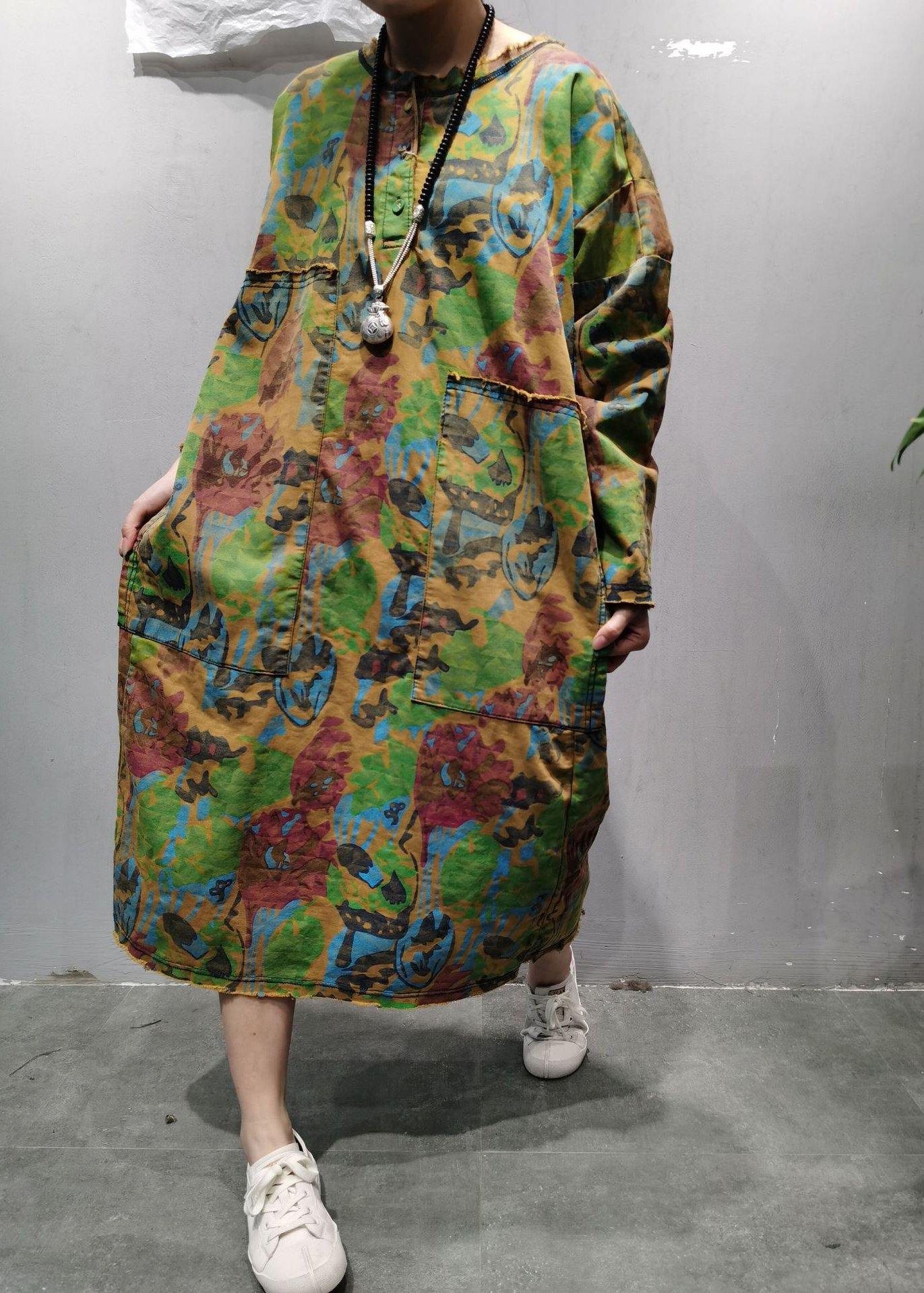 Handmade Green U Neck Patchwork Maxi Dresses Spring Dress