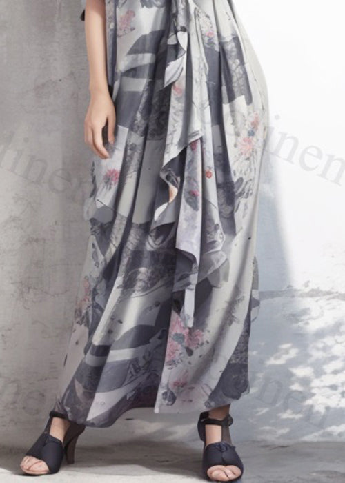 Italian Grey Asymmetrical Print Silk Shirts Dress Summer