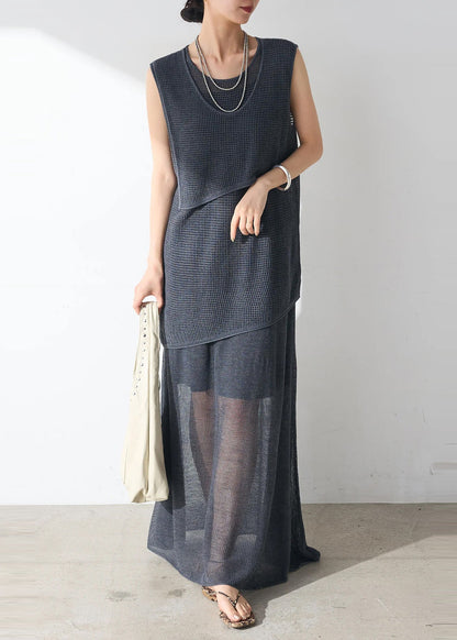 Navy Hollow Out Sheer Tulle Sets 2 Pieces Sleeveless