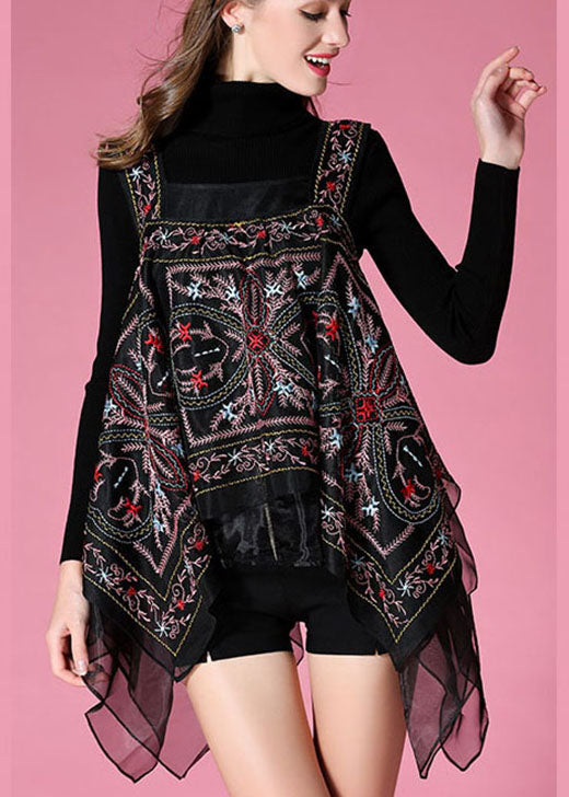Black Knit Sweaters + Embroideried Print Fall Two Pieces Set