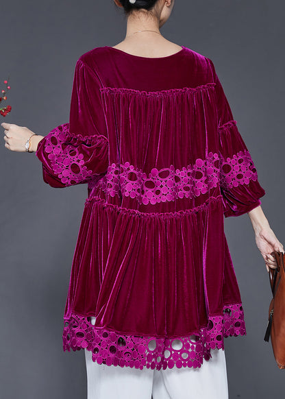 Rose Patchwork Lace Silk Velour Dress Oversized Lantern Sleeve