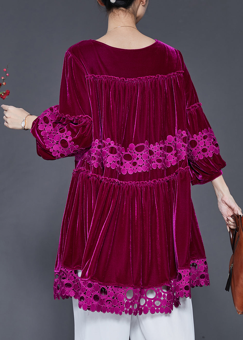Rose Patchwork Lace Silk Velour Dress Oversized Lantern Sleeve