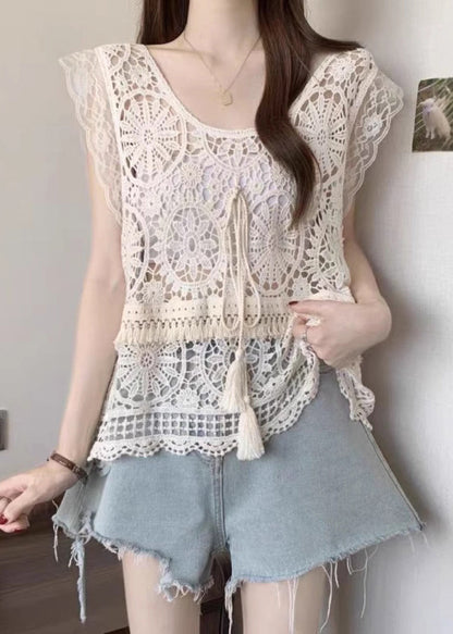 Apricot O-neck Tassel Lace Tank Summer