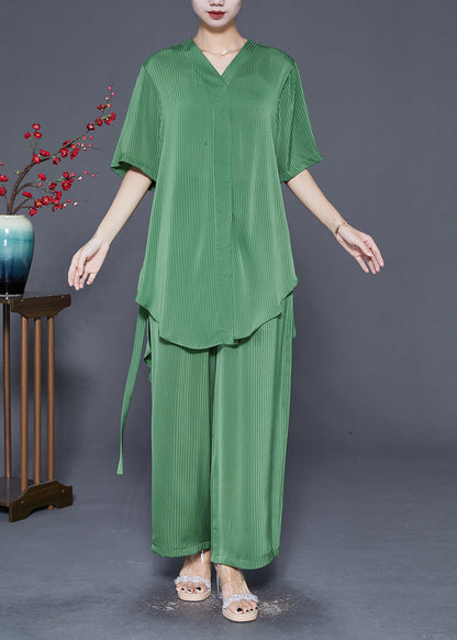 Boutique Green Asymmetrical Striped Silk Two Pieces Set Fall