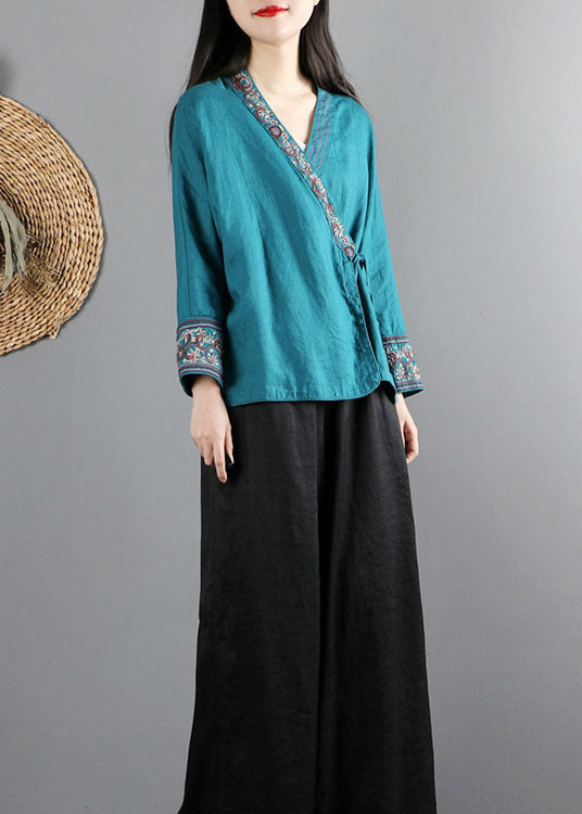 Blue Cinched Embroideried Tops Spring