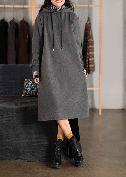 Hooded Pockets Spring Clothes for Fabrics Gray Dress