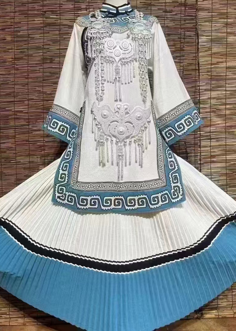 New White Embroidered Wrinkled Patchwork Tops and Skirts Linen Two Pieces Set Fall