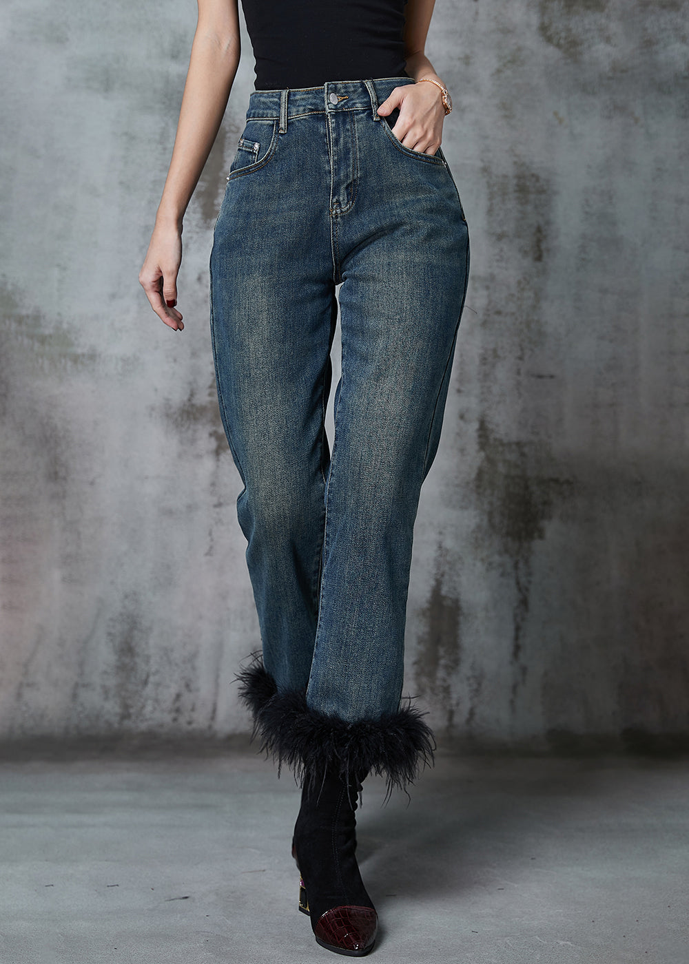 Navy Patchwork Feather Denim Pants Trousers Spring