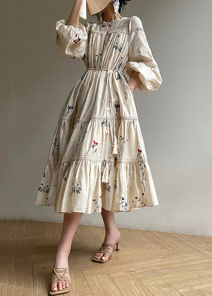 Loose Beige Embroidered Ruffled Pockets Linen Dress Long Sleeve Summer