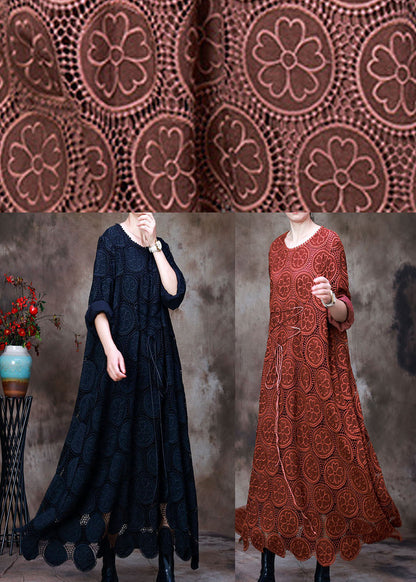 Comfy Navy O-necktie Waist Lace Fall Long Sleeve Holiday Dress