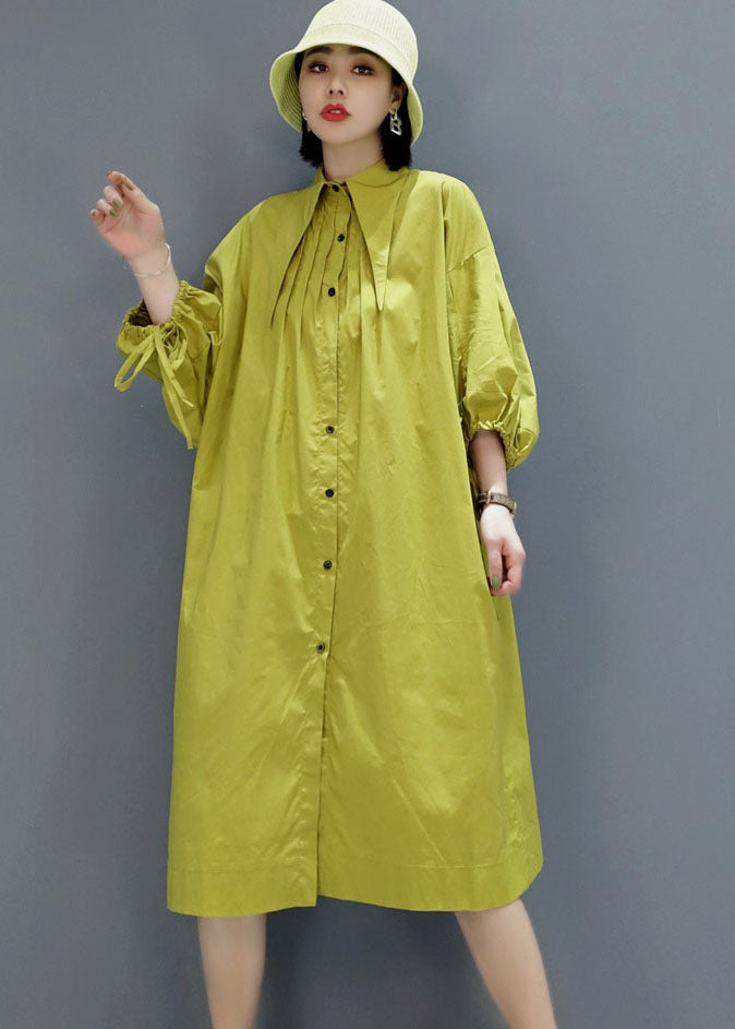 Green Wrinkled Peter Pan Collar Shirt Dresses Spring