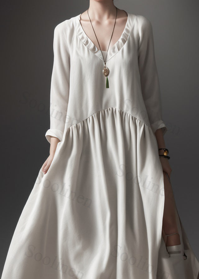 Beige V Neck Wrinkled Patchwork Silk Maxi Dress Summer