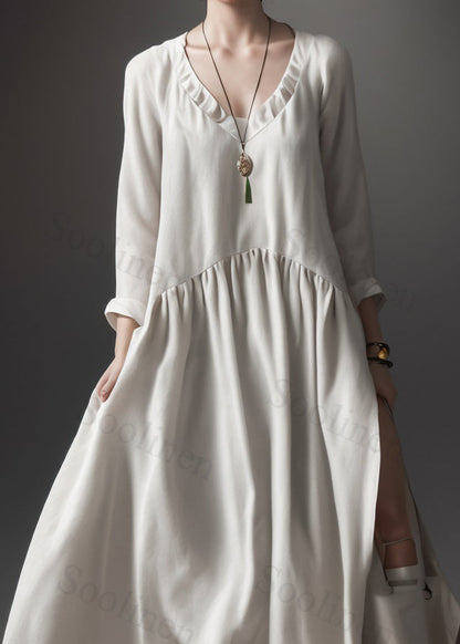 Beige V Neck Wrinkled Patchwork Silk Maxi Dress Summer