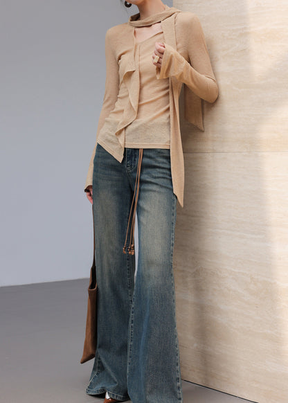 Khaki Asymmetrical Cotton Blouse Top Spring
